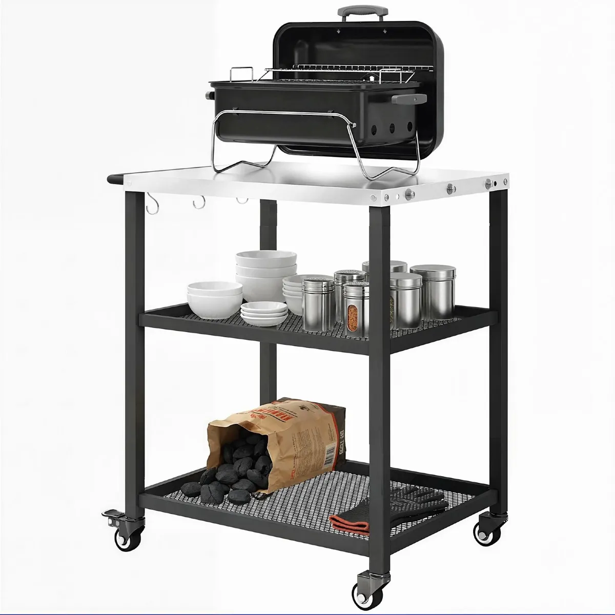 3-Tier Mobile Barbecue Cart with Wheels and Brake - Image 4