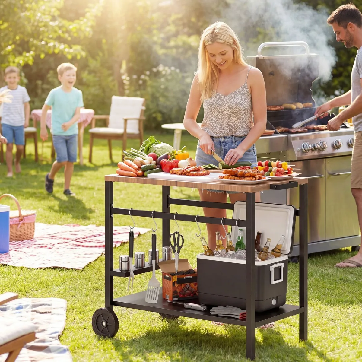 2-Tier BBQ Cart Side Table for Mobile Barbecue - Image 4