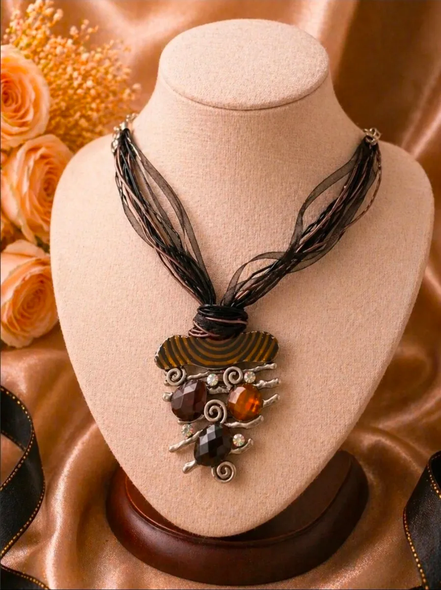 Boho Statement Pendant Necklace Multi Strand Ribbo - Image 1