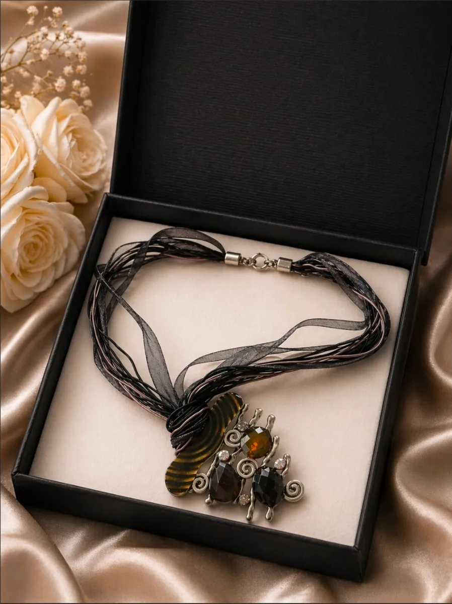 Boho Statement Pendant Necklace Multi Strand Ribbo - Image 2