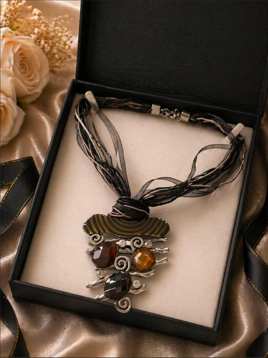 Boho Statement Pendant Necklace Multi Strand Ribbo - Image 3