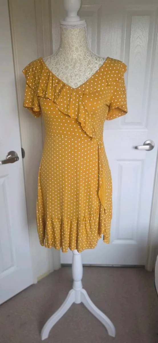 Boohoo Mustard Polka Dot Wrap Frill Tea Dress UK 1 - Image 1