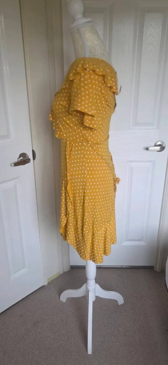 Boohoo Mustard Polka Dot Wrap Frill Tea Dress UK 1 - Image 2