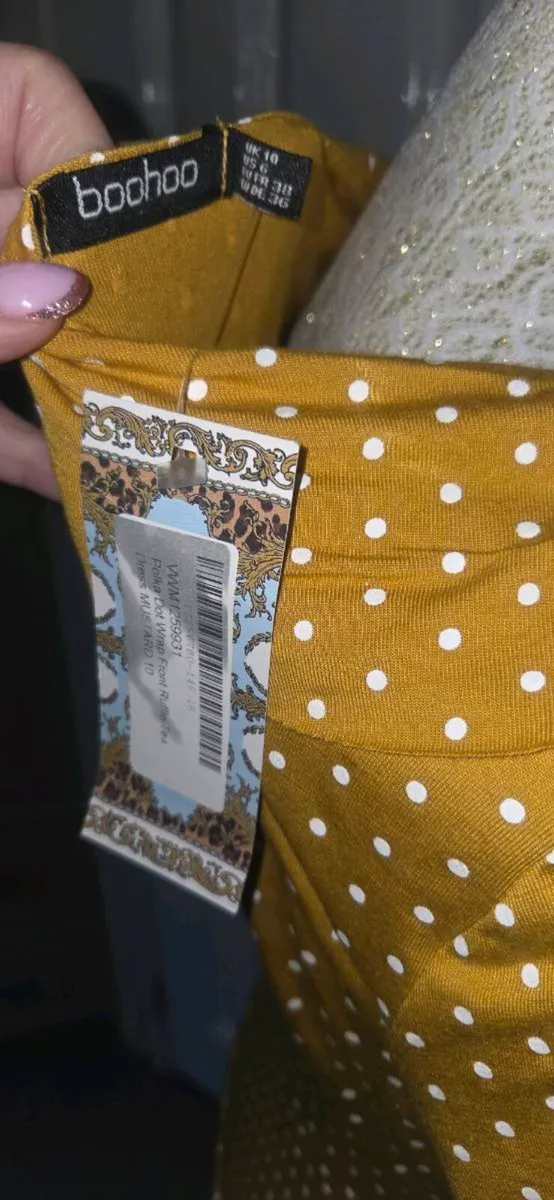 Boohoo Mustard Polka Dot Wrap Frill Tea Dress UK 1 - Image 4