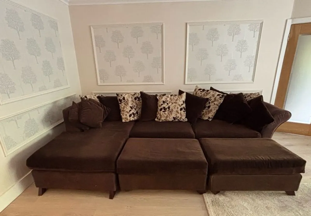 Large Modular Corner Sofa / U-Shaped Sofa with Footstool in Chocolate Brown - Image 1