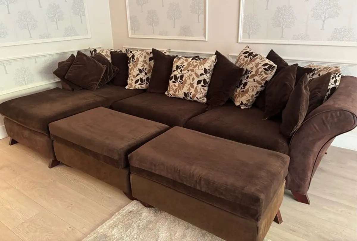 Large Modular Corner Sofa / U-Shaped Sofa with Footstool in Chocolate Brown - Image 2