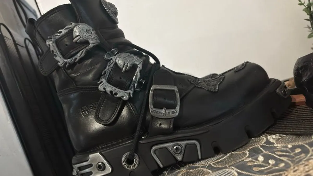 New rock 42 Metallic Leather Mid Calf Punk Boots - Image 1