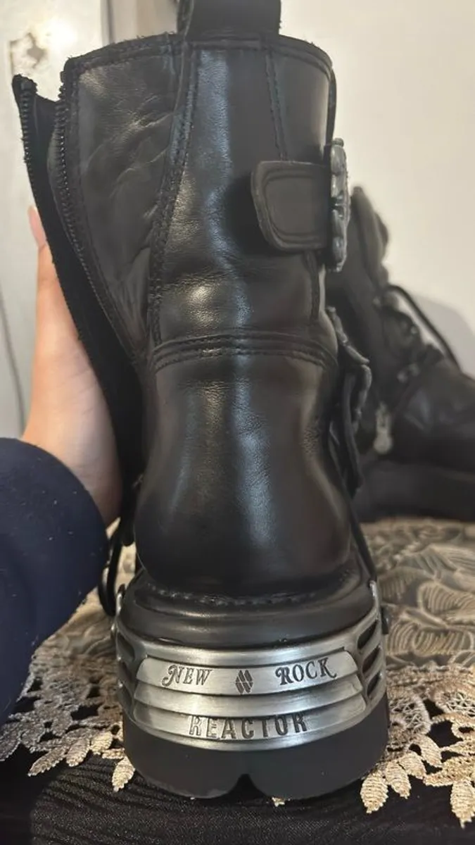 New rock 42 Metallic Leather Mid Calf Punk Boots - Image 3