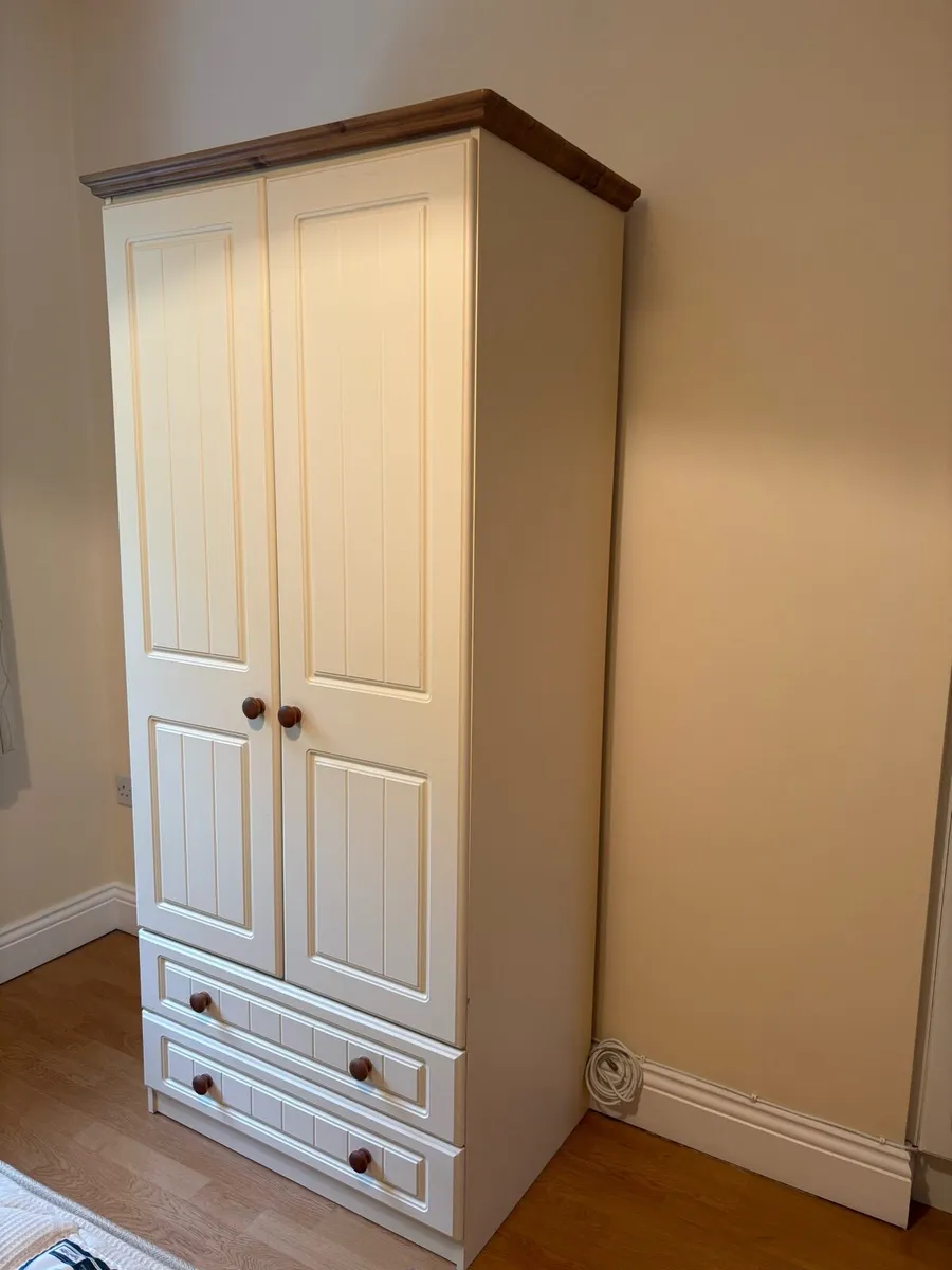 Cream & brown two door wardrobe with 2  drawers - Image 1