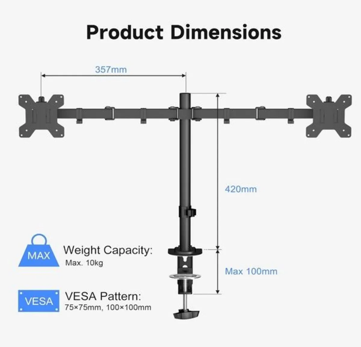 Dual Monitor Arm for 13-32 inch,  VESA 75/100 - Image 2
