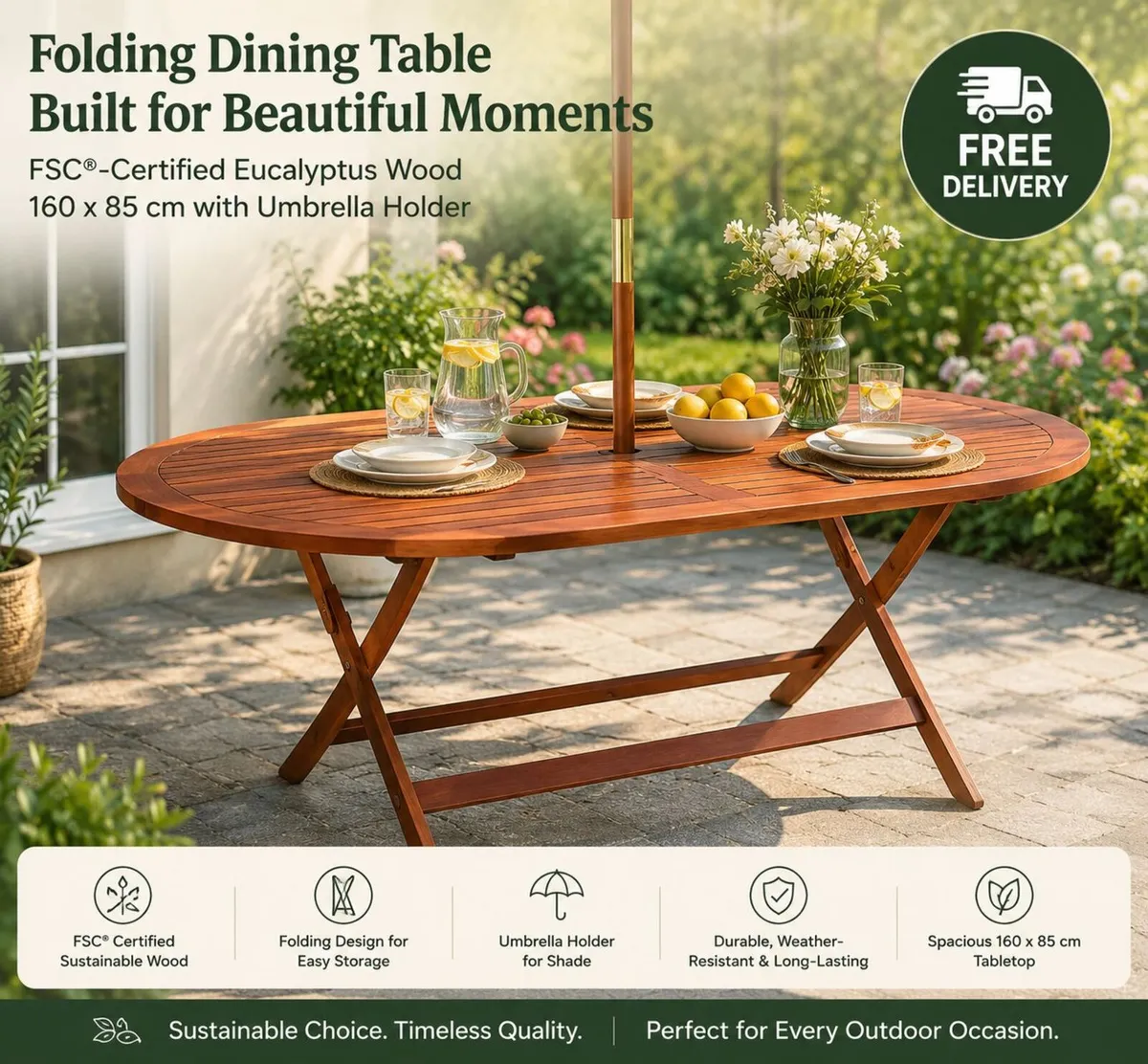 Foldable Acacia Wood Garden Table with Parasol Hol - Image 1