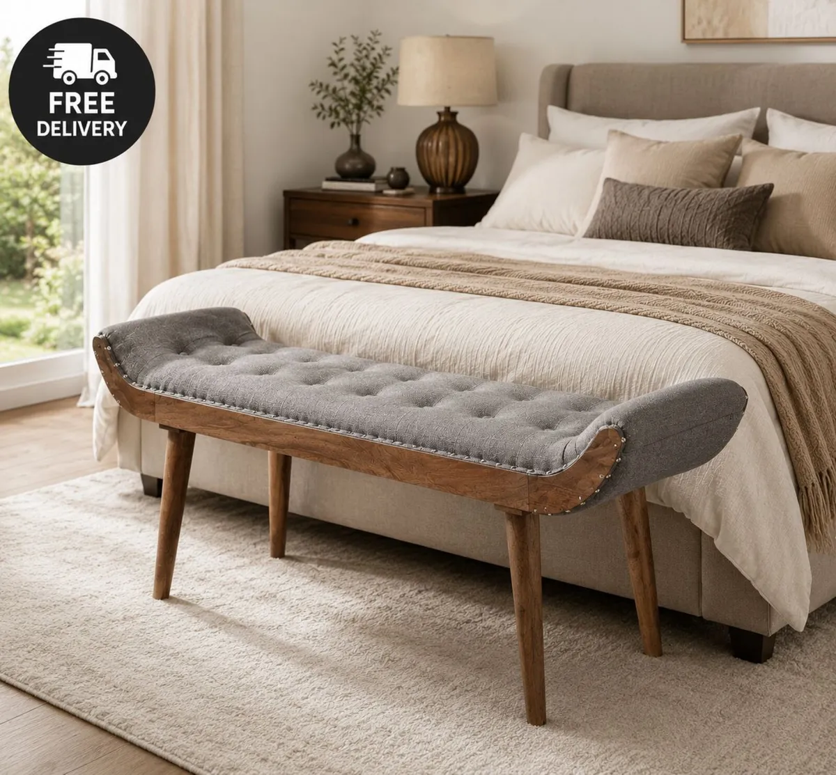 Chesterfield Upholstered Fabric Bench with Solid W - Image 1
