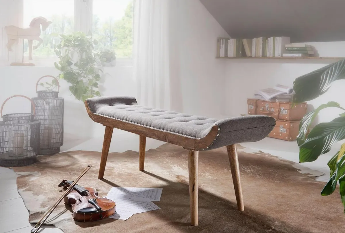 Chesterfield Upholstered Fabric Bench with Solid W - Image 4