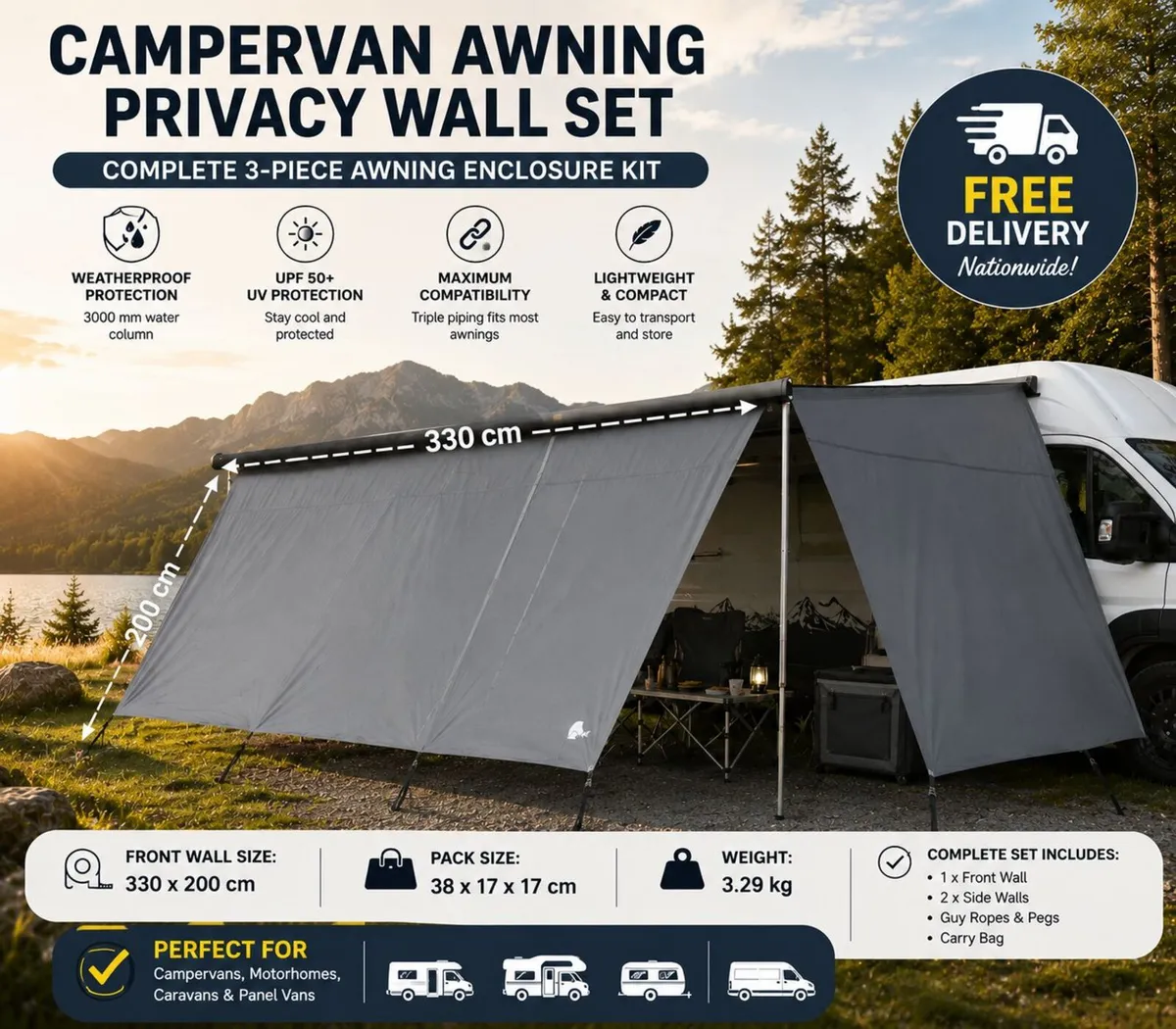 Campervan Awning Privacy Wall Set 3.3m  Waterproof - Image 1