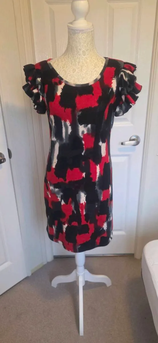 AX Paris Red Black Abstract Print Frill Sleeve Bod - Image 1