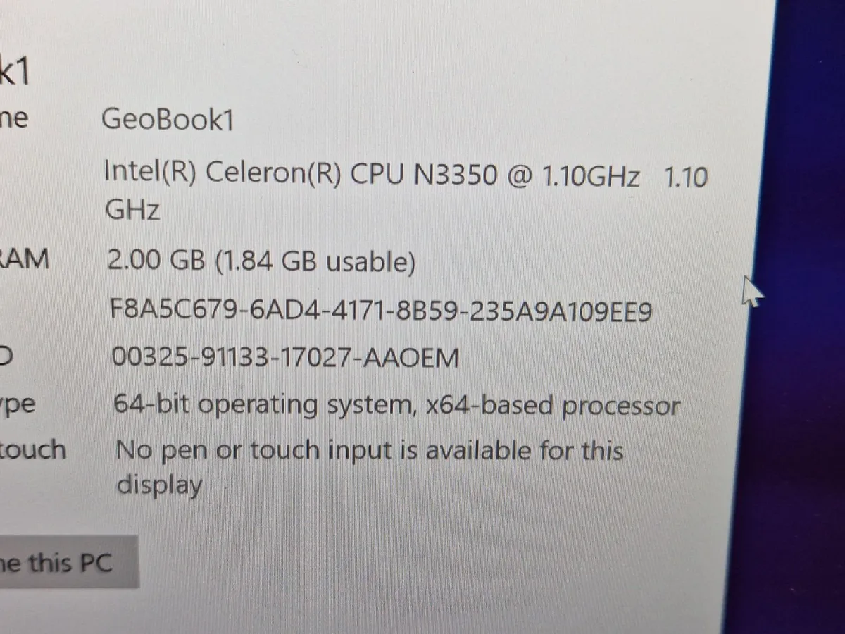 GeoBook1 Laptop Intel Celeron CPU N3350, 2GB, 32GB - Image 4