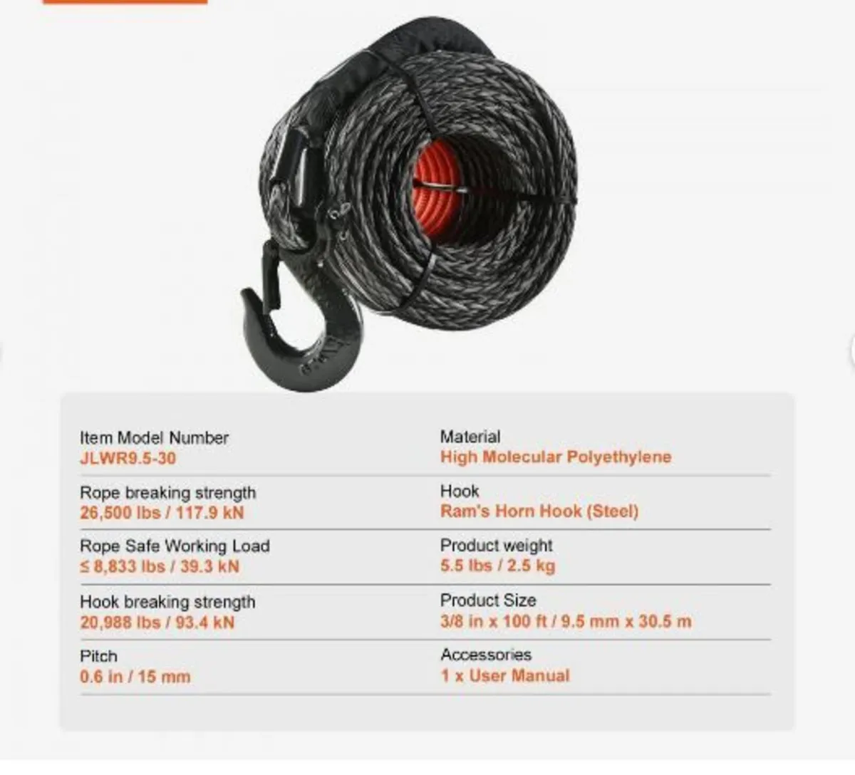 Synthetic Winch Rope, 9.5 mm x 30.48 m 12,020 kg - Image 3