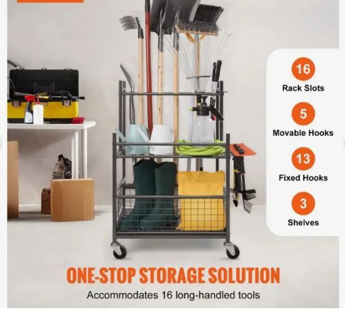 Garden Tool Organizer, 16 Slots with Hooks - Image 3