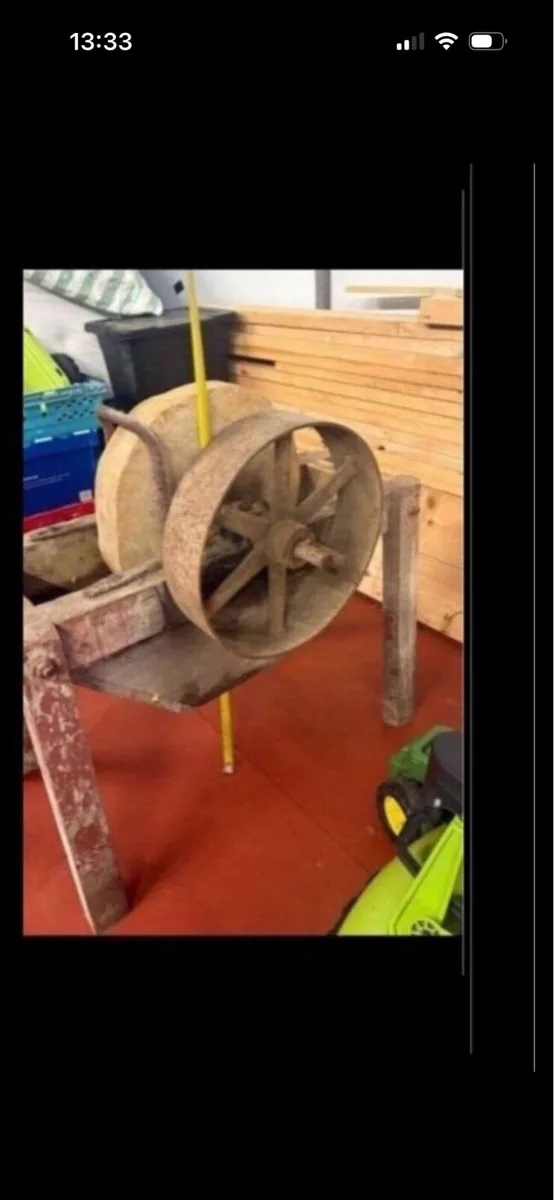 19 century stone wheel with stand and pully belt - Image 1