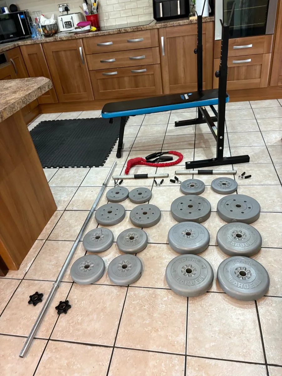 FOLDABLE WEIGHT BENCH, 50KG WEIGHTS, BARS, MATS!! - Image 1