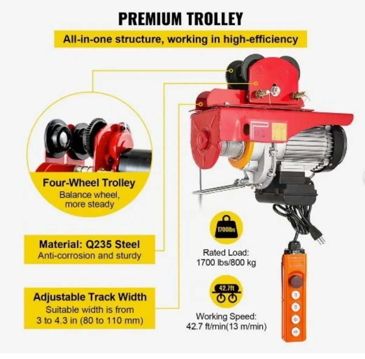 800Kg/1700Lbs Electric Trolley Hoist 1300W - Image 4