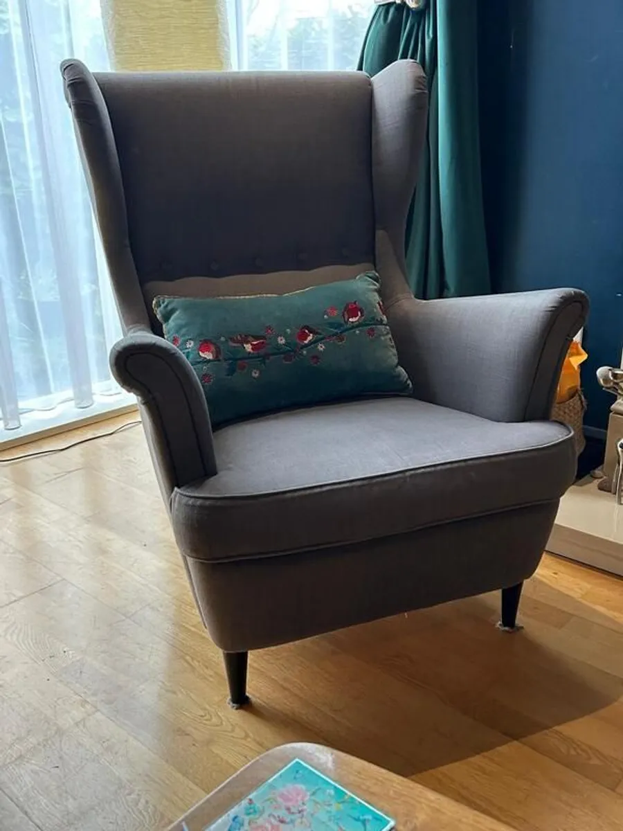 IKEA STRANDMON Wing Chair and footstool - Nordvalla dark grey - Image 1