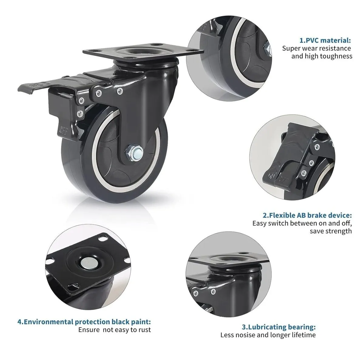 50mm PU Swivel Castor Wheels 200KG Load - Image 4