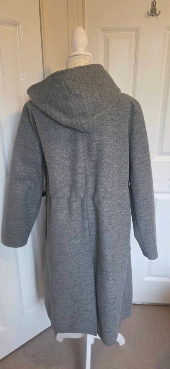 Grey Hooded Wool Look Midi Coat Jacket Oversized M - Image 3