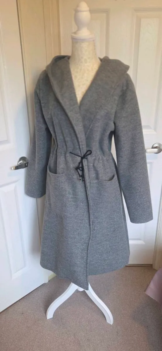Grey Hooded Wool Look Midi Coat Jacket Oversized M - Image 4