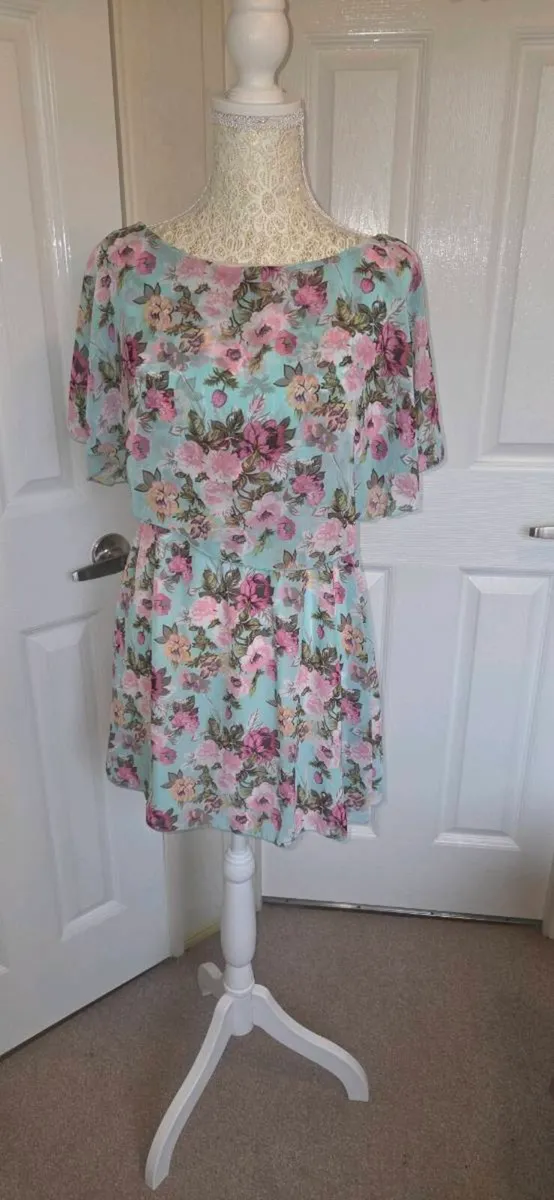 Beauty Angel Mint Floral Boho Tea Dress Chiffon Ov - Image 1