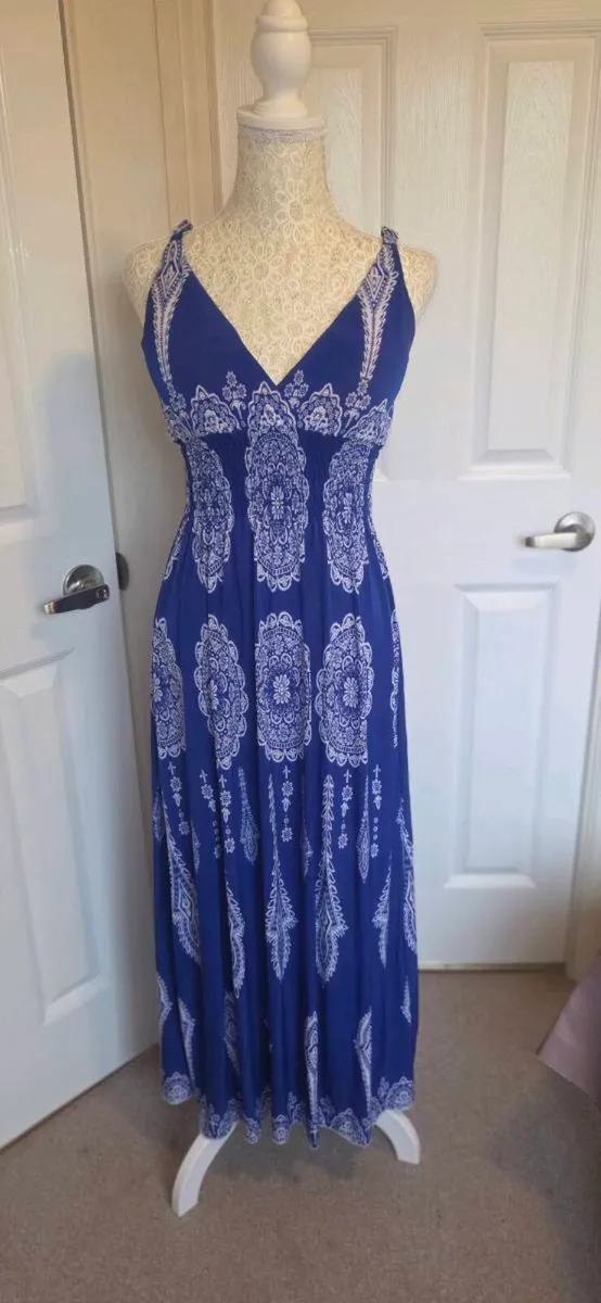 Blue White Boho Paisley Midi Maxi Dress Summer Hol - Image 1