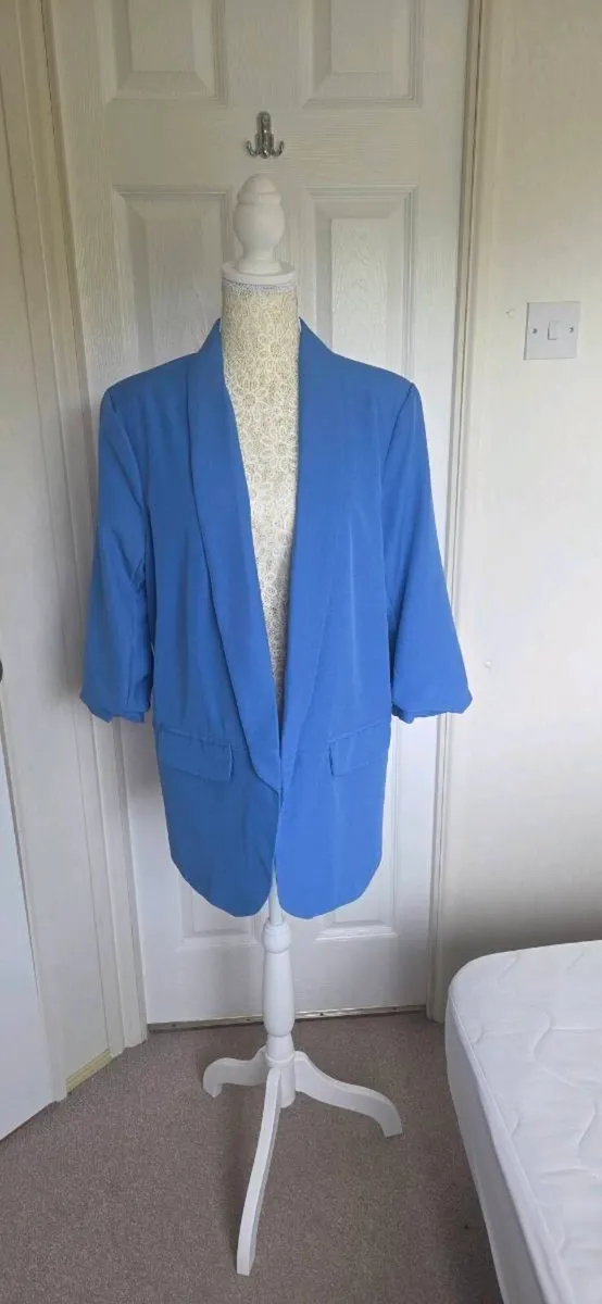 Electric Blue Open Front Blazer Jacket Ruched Slee - Image 1