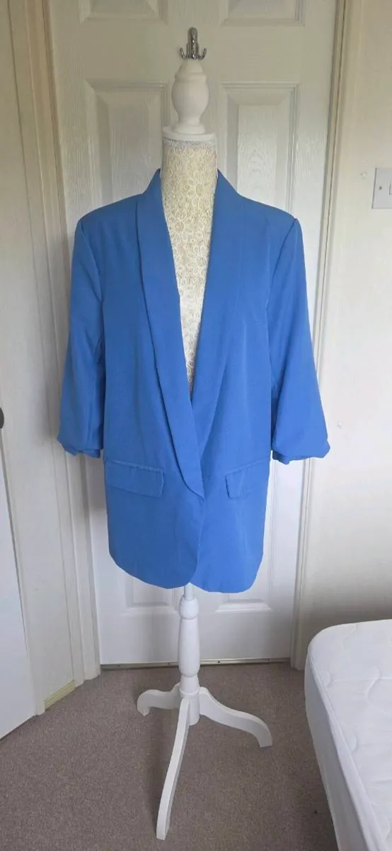 Electric Blue Open Front Blazer Jacket Ruched Slee - Image 2