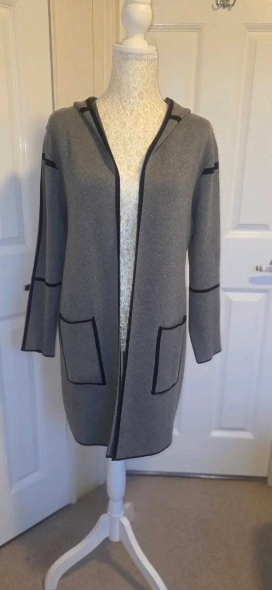 Grey Hooded Longline Cardigan Coatigan Contrast Tr - Image 1