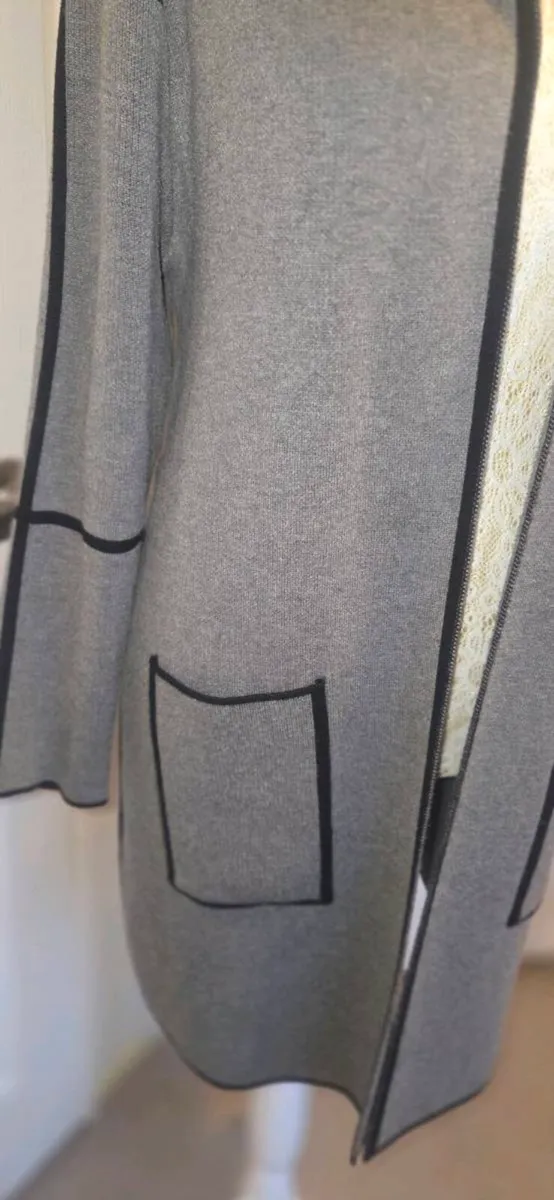 Grey Hooded Longline Cardigan Coatigan Contrast Tr - Image 2