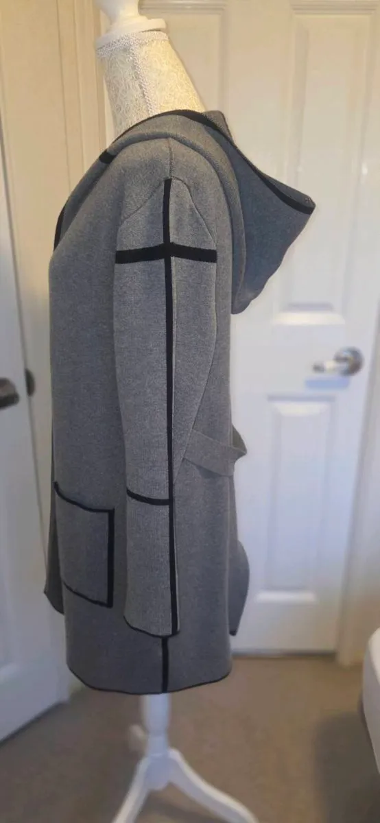 Grey Hooded Longline Cardigan Coatigan Contrast Tr - Image 4