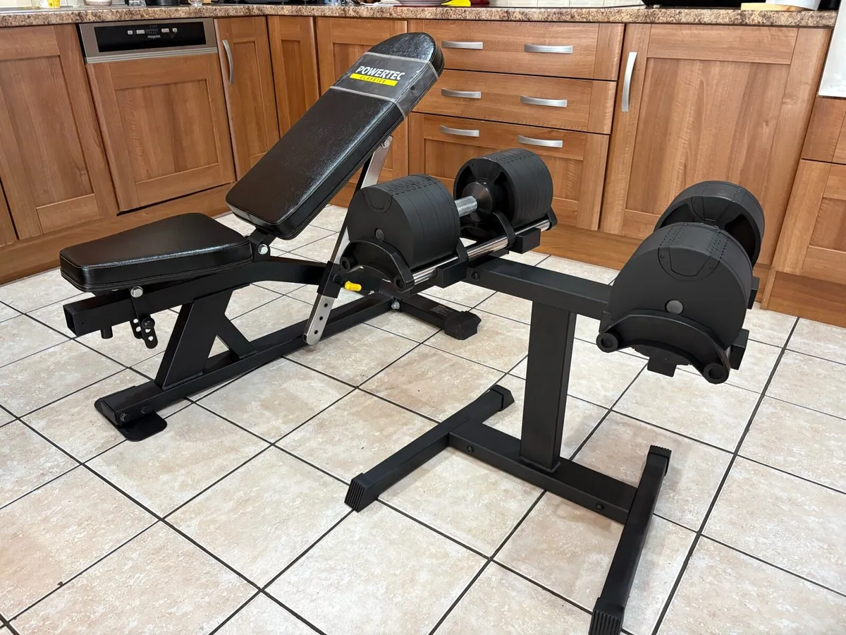 2KG - 32KG SELECTABLE DUMBBELLS, STAND + BENCH!! - Image 1