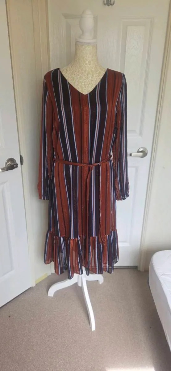 Fransa Rust Stripe Midi Dress Size 8 Boho Autumn S - Image 1