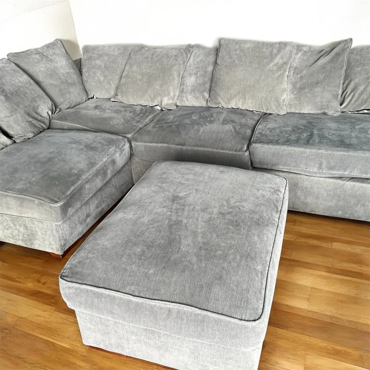 Grey corner sofa with matching footstool couch - Image 1