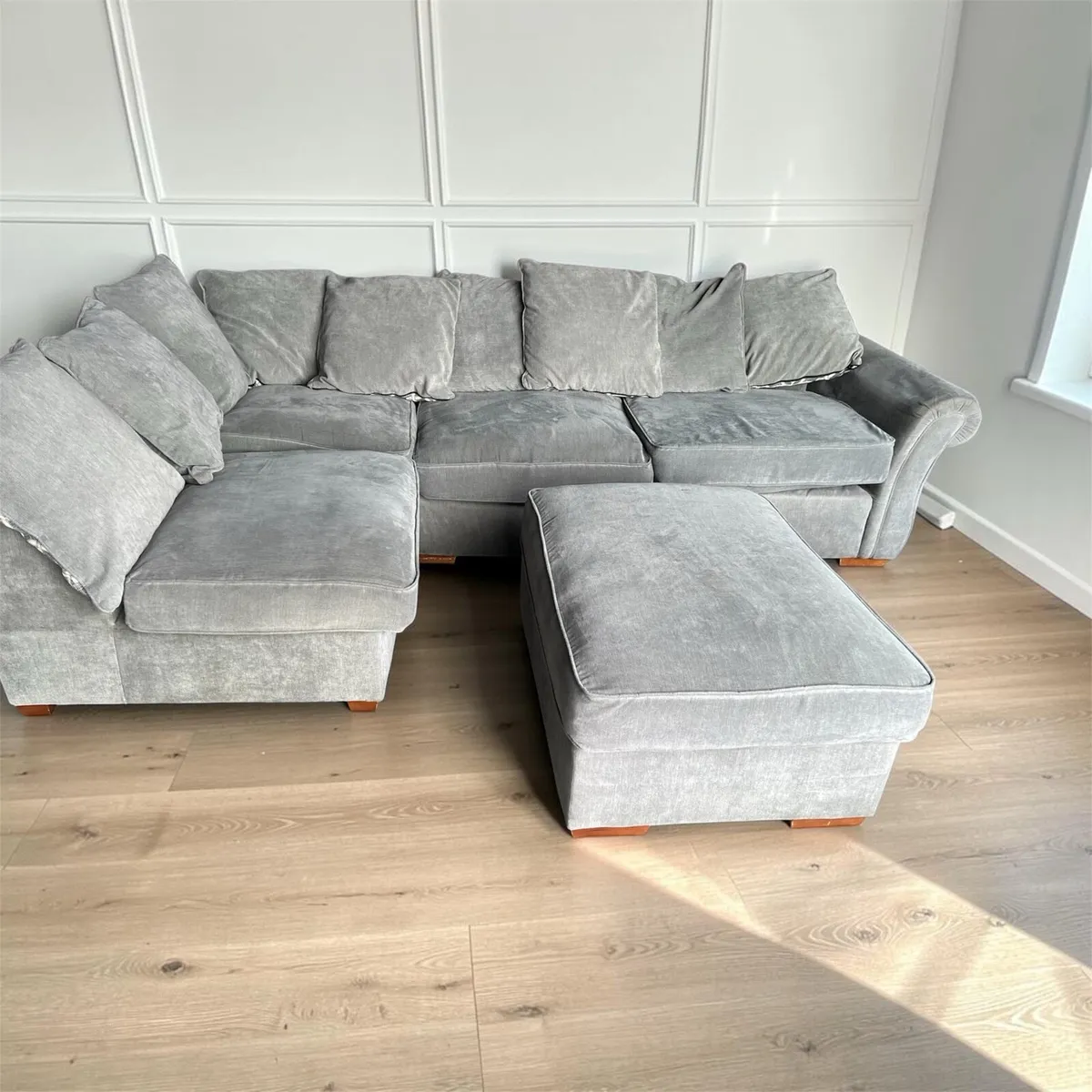 Grey corner sofa with matching footstool couch - Image 2
