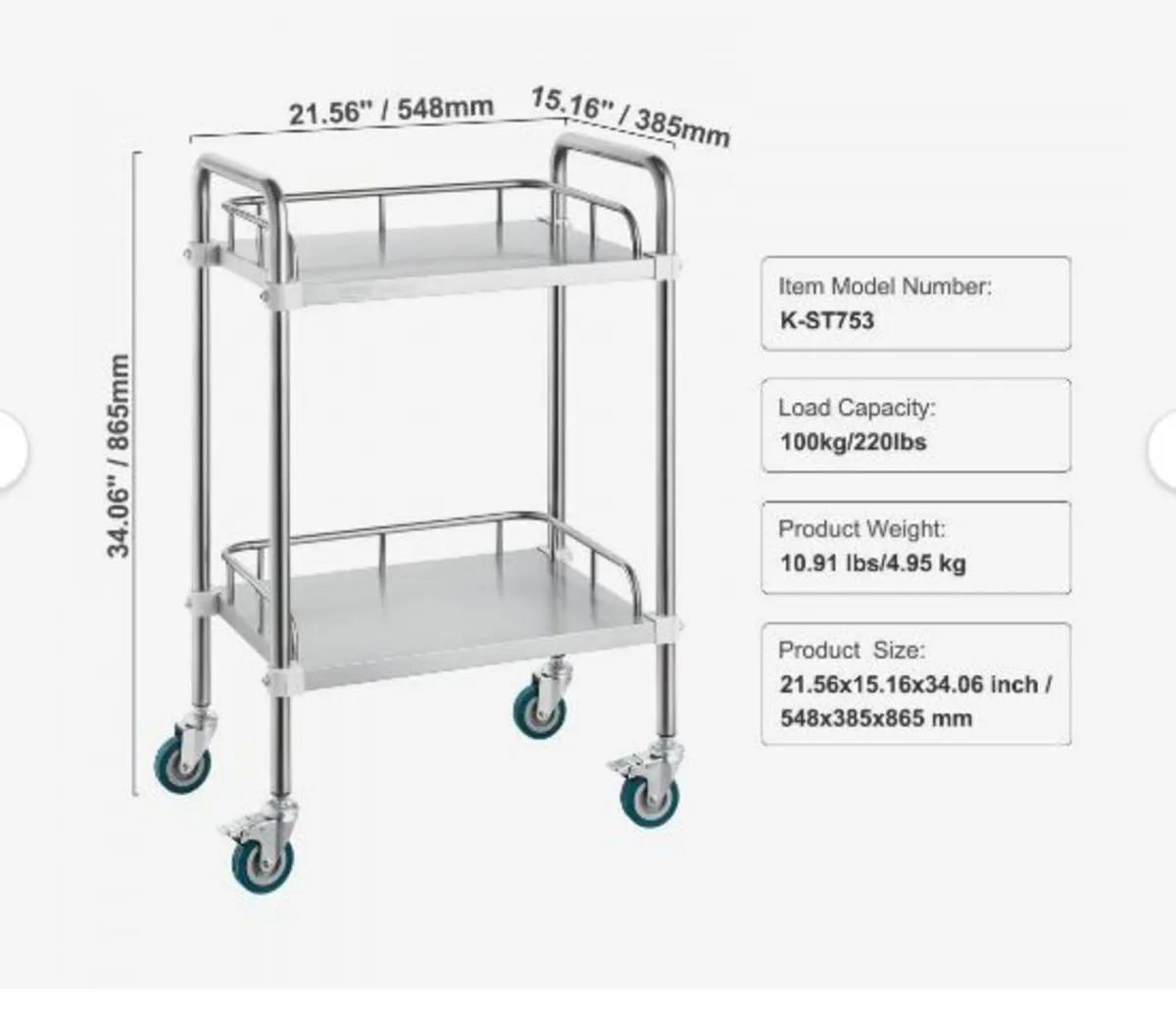 Lab Rolling Cart, 2-Shelf Stainless Steel Rolling - Image 3