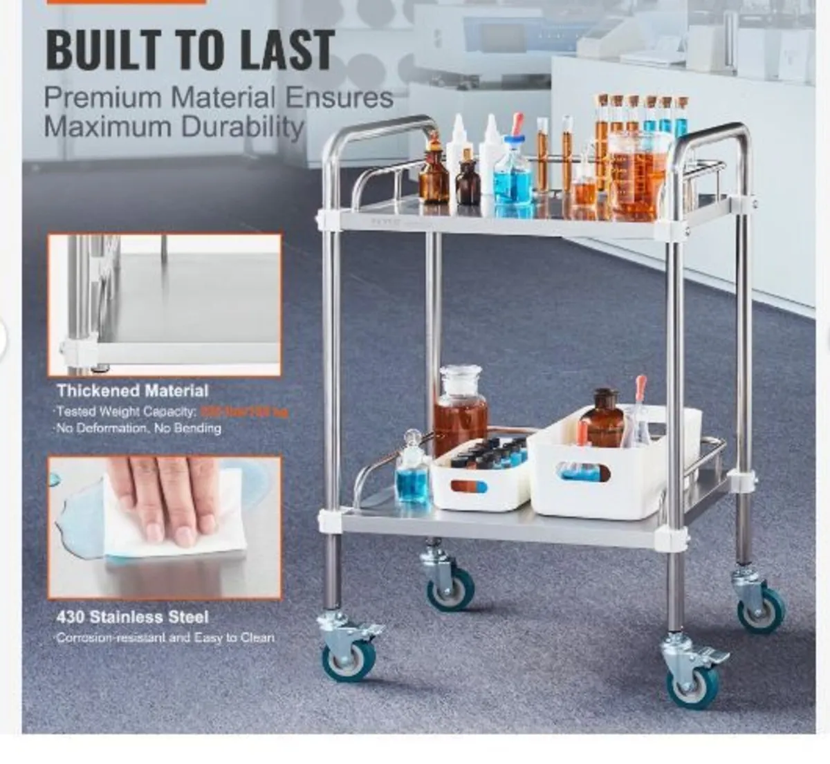 Lab Rolling Cart, 2-Shelf Stainless Steel Rolling - Image 1