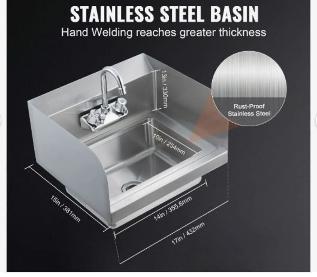 Commercial Hand Sink with Faucet and Side Splash - Image 2