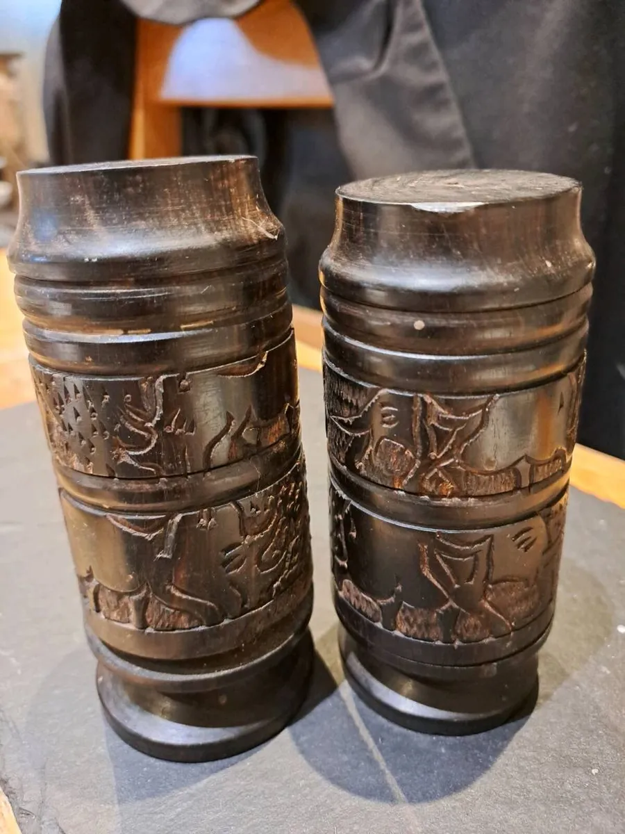 Vintage Hand Carved Hardwood Salt Pepper Shakers - Image 1