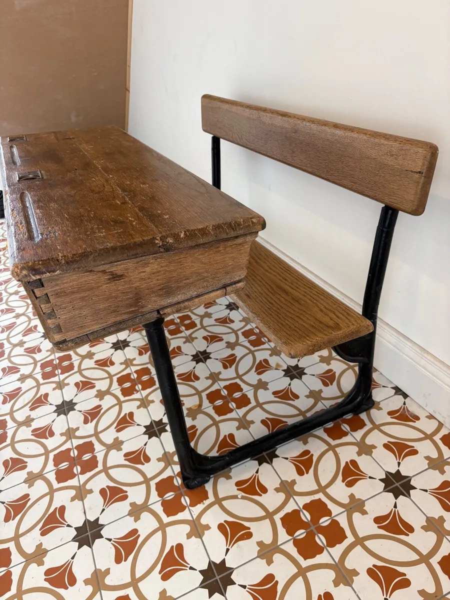Oak School Desk with Cast Iron Frame and Bench - Image 1