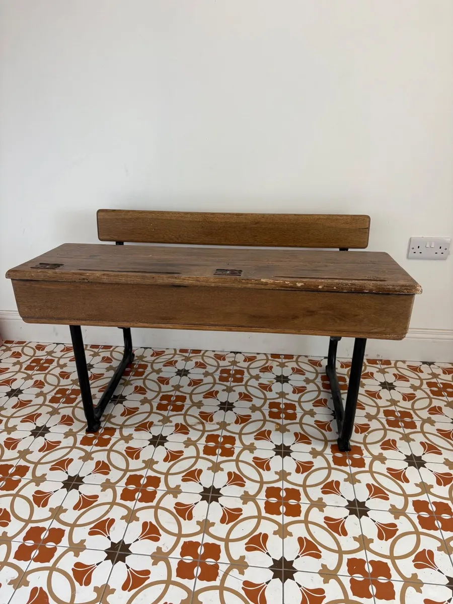 Oak School Desk with Cast Iron Frame and Bench - Image 2