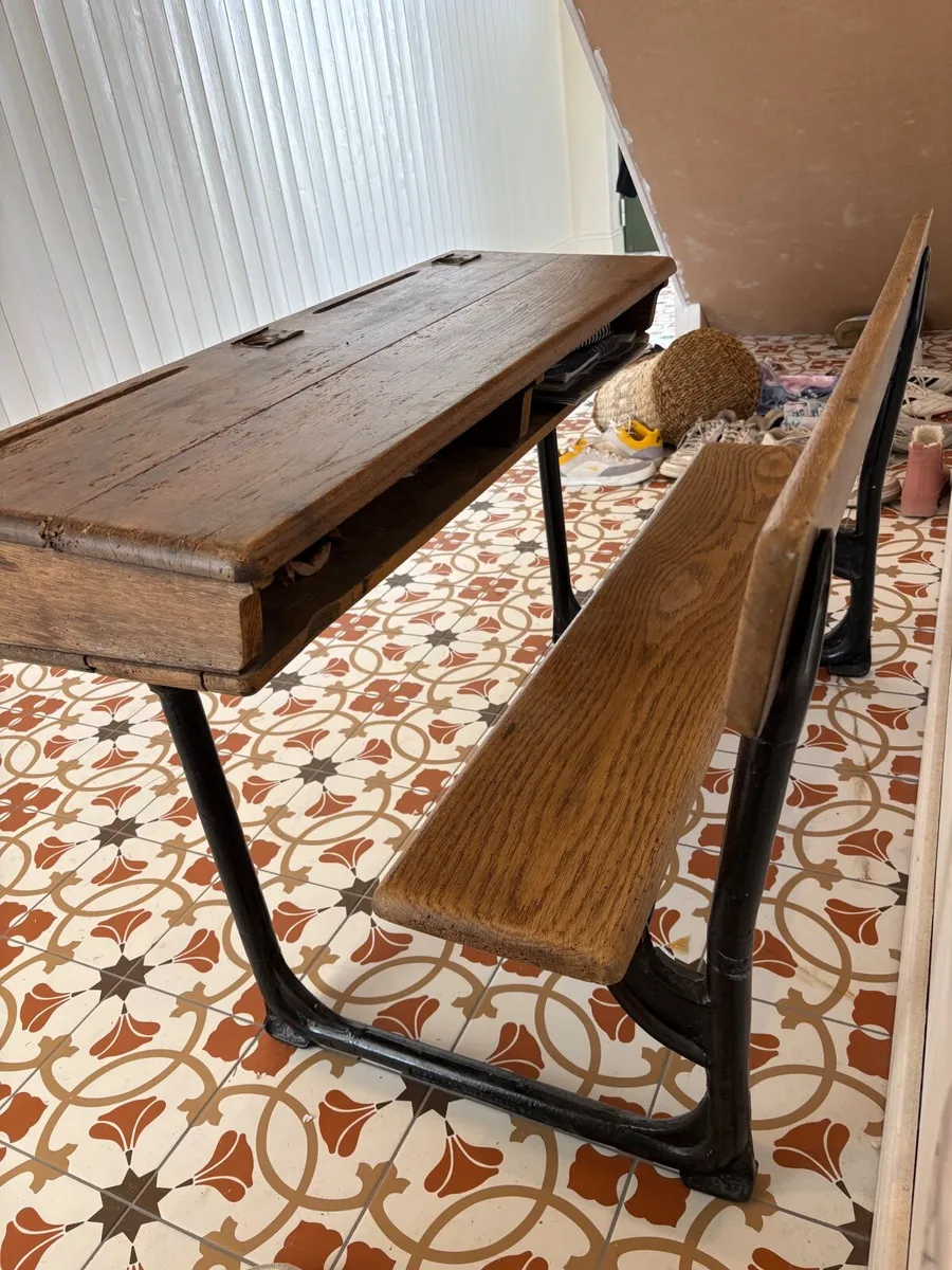 Oak School Desk with Cast Iron Frame and Bench - Image 3