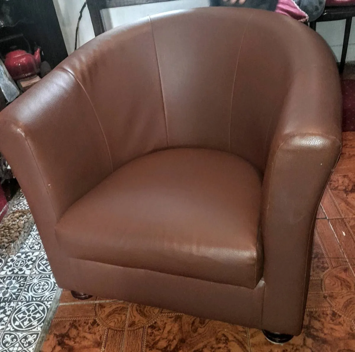 Modern tub armchair brown faux leather turned wood - Image 1