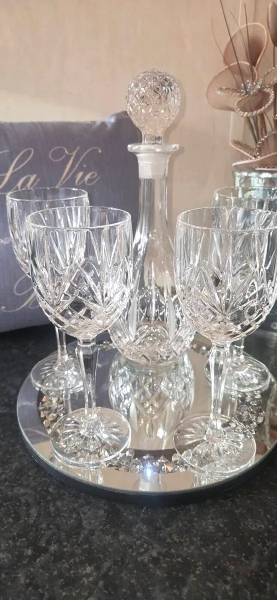Vintage Cut Crystal Decanter & 4 Wine Glass Set Ba - Image 2