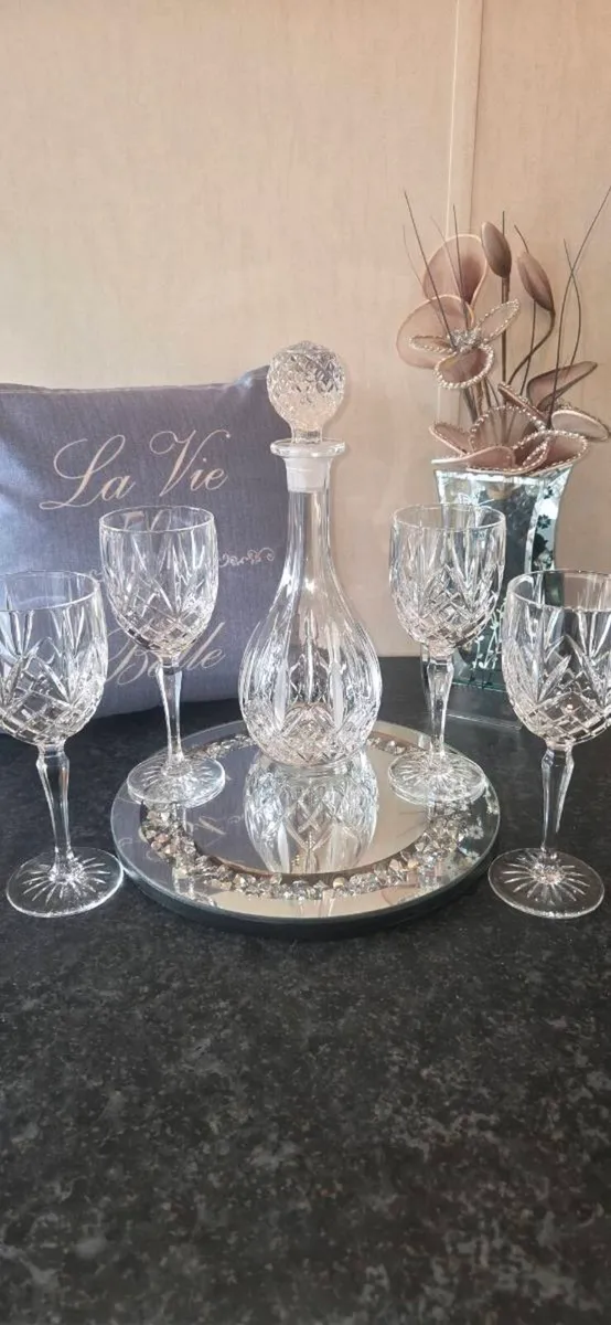 Vintage Cut Crystal Decanter & 4 Wine Glass Set Ba - Image 3